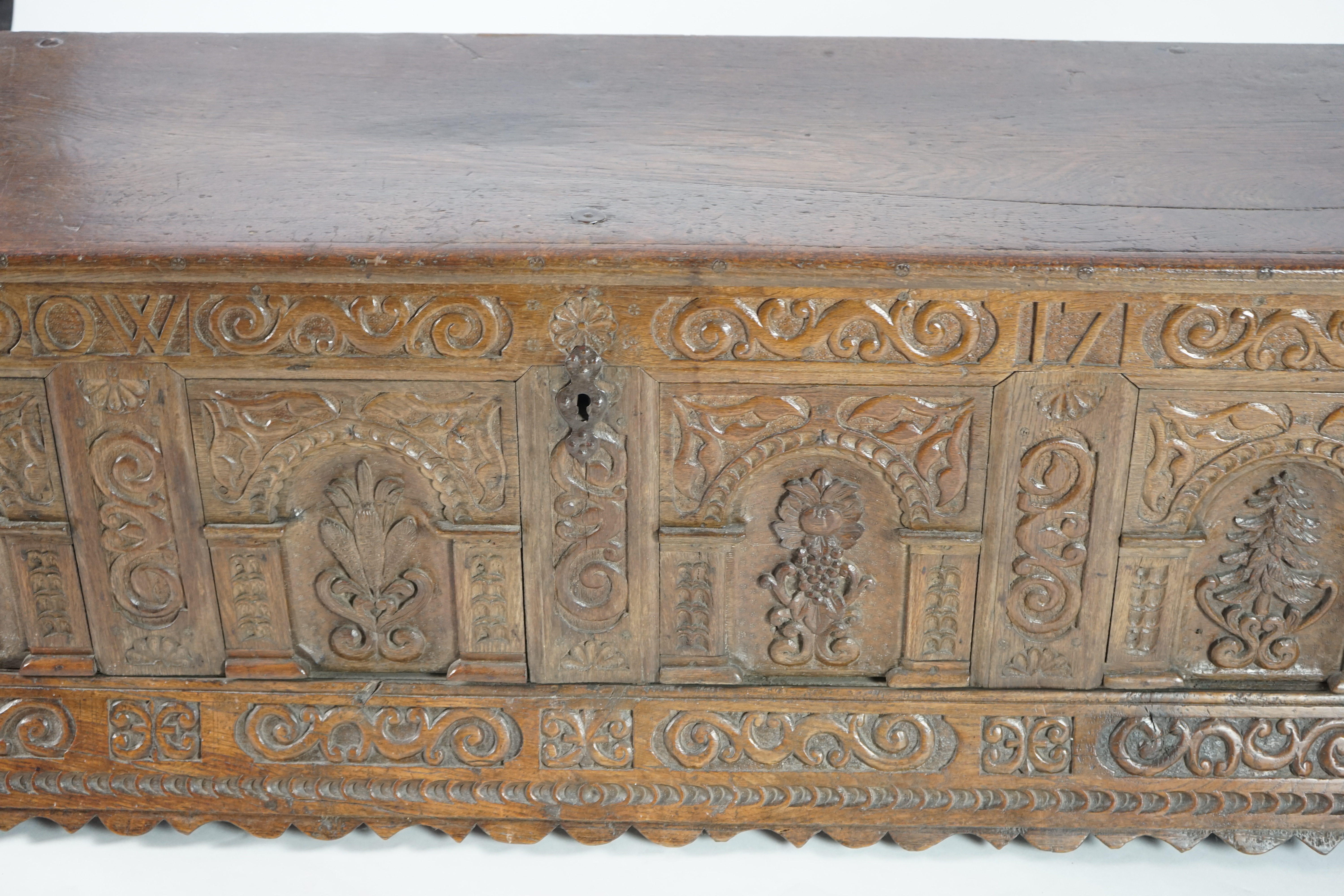 A mid 18th century German carved oak marriage chest